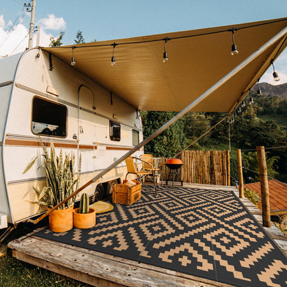 GENIMO Outdoor Rug Waterproof, 10' x 10' Reversible Plastic Straw Rugs, Lightweight Large RV Camping Mat for Patio, Deck, Camper, Balcony, Backyard, Picnic, Black & Brown