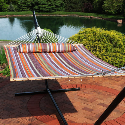 Sunnydaze Quilted Double Hammock for Outside with Spreader Bars and Pillow - 450 lb Capacity, 74x55 Inch Bed, UV Resistant, Quick Dry - Chains Included, Stand Sold Separately - Canyon Sunset