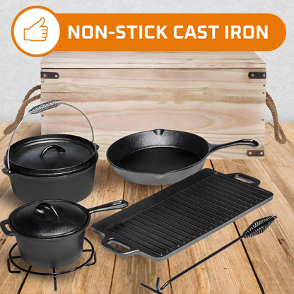 Bruntmor Camping Cooking Set Of 7. Pre Seasoned Cast Iron Pots And Pans Dutch Oven With Lids For Outdoor Comefire. Grill Cookware Skillet Sets With Storage Box