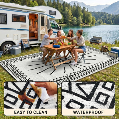 CircleRoad RV Outdoor Rug 9x18 Waterproof Patio Rug Mat with 4 Stakes UV Resistant Reverisble Plastic Straw Outdoor Rug with Carry Bag for RV Camping Picnic Beach