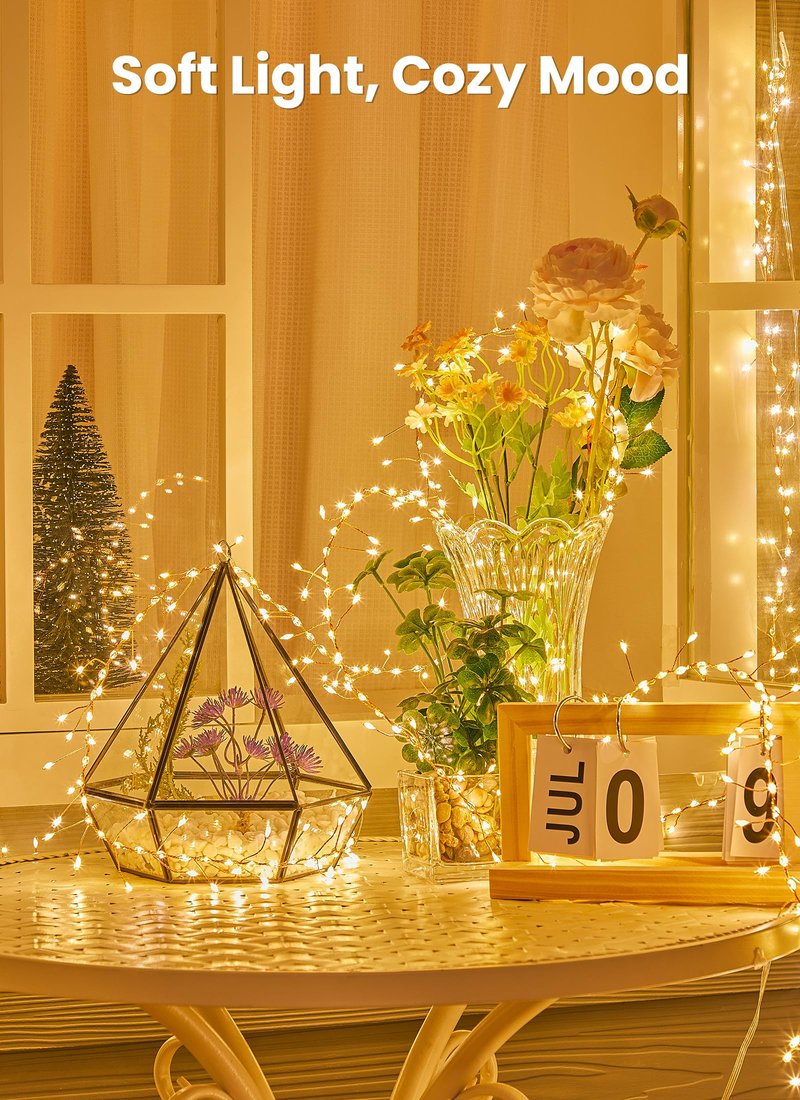 SmartDawn Flowing Fairy Lights Plug in with 14 Modes, 10FT 388LED Twinkle Firecrackers String Lights Indoor Waterproof, Christmas Tree Cluster Lights for Bedroom Garland Christmas Decor, Warm White
