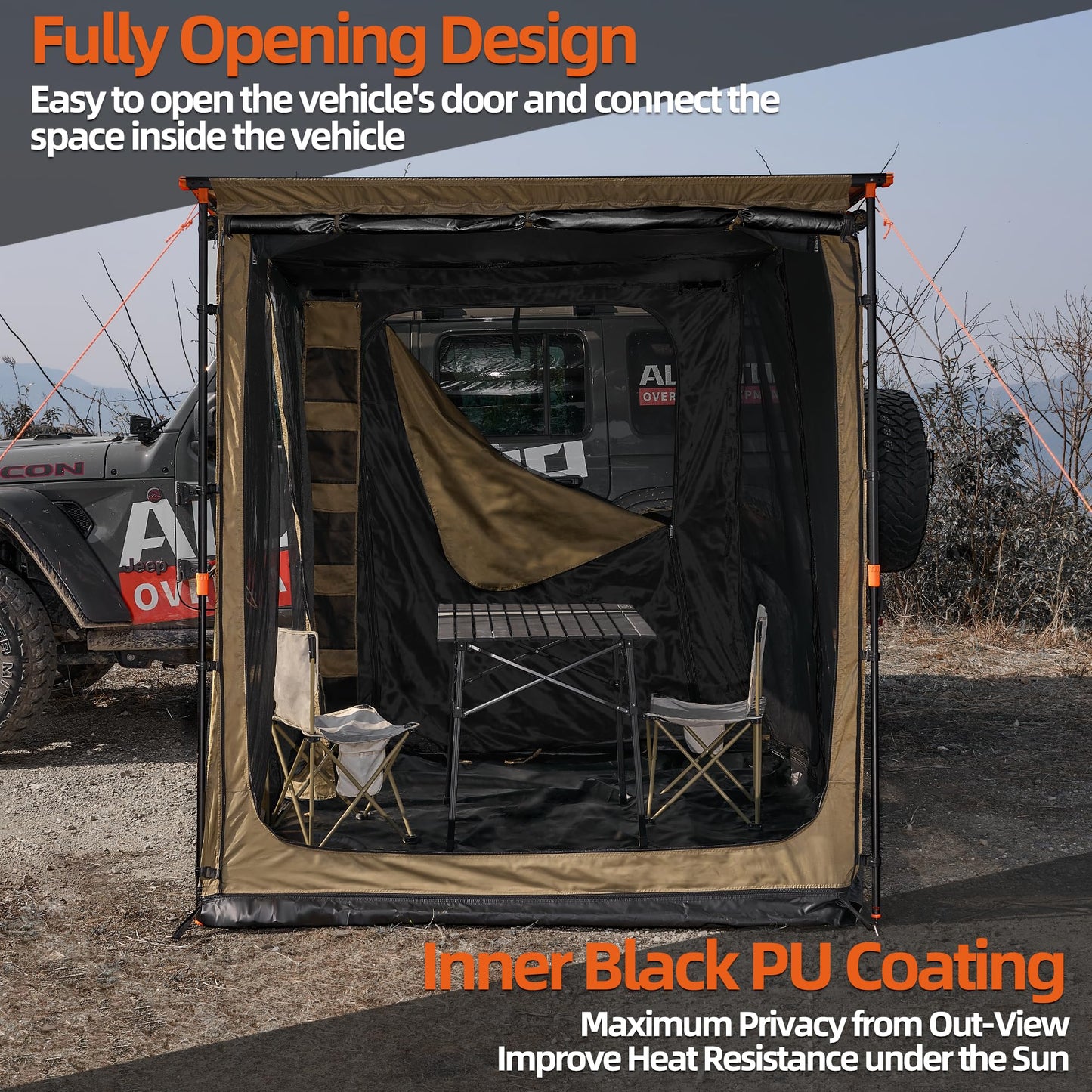 ALL-TOP Awning Room with Floor 8.2' x 8.2' Rip-Stop 210D Oxford Awning Tent with Bug-Resistance Mesh, Waterproof Sun Shelter for Overland, Camping(Black Coating, Room Only)