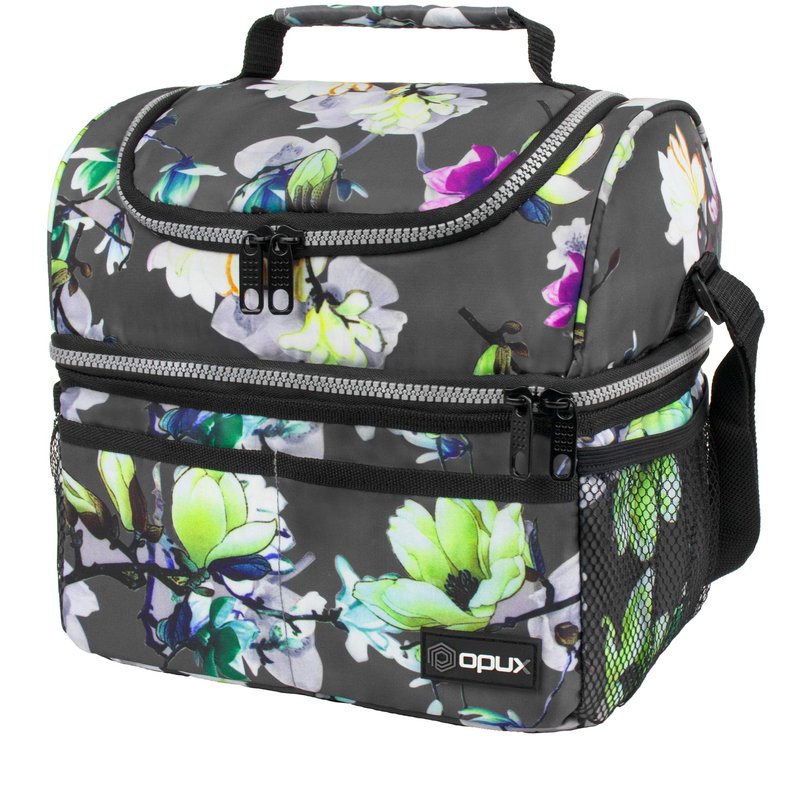 OPUX Insulated Lunch Bag for Women, Double Decker Leakproof Lunch Box Cooler Tote with Shoulder Strap, Large Lunchbox for Work School Travel Meal Prep, Adults Kids Men Girls Boys, Floral Gray, 16 Cans