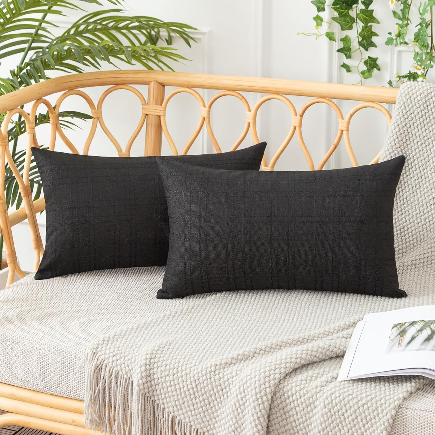 UGASA Outdoor Throw Pillow Covers - Waterproof Plaid Texture | 12x20 Inch Black Farmhouse Decor (Pack of 2)