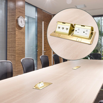 ENERLITES Dual Pop-Up Floor Box Kit, 8.68" X 4.75" Cover, 20A Tamper-Weather Resistant Receptacle Outlets, RJ45 Data Ports, Watertight Gasket, Corrosive Resistant Hardware, Brass (962301-C-D)