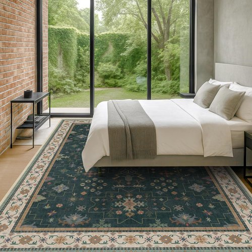 Hazo Haus Dark Green Vintage Living Room Rug - Boho Floral Design, Washable 9x12 Non-Slip Area Rug