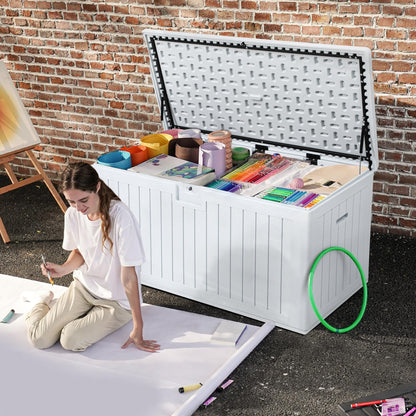 DWVO 180 Gallon Resin Outdoor Storage Box, XXL Double-Wall Waterproof Deck Box, Doubles as Table or Seating with 1000 lbs Capacity, Lockable (Grayish-White)