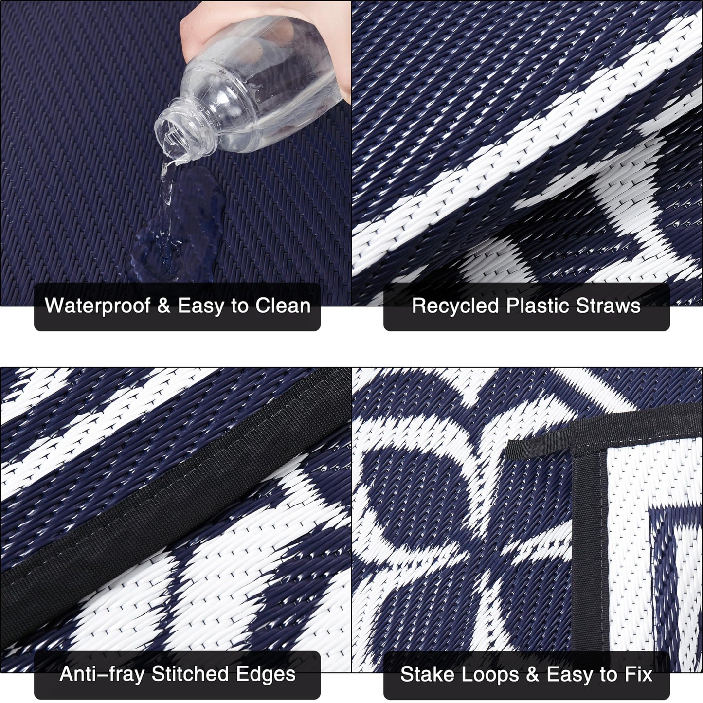 PureCozy Outdoor Plastic Straw Rug Navy Blue Large Outside Waterproof Outdoor Patio 10x14 Carpet Geometric Reversible Mat Modern for Camping RV Porch Deck Balcony Beach