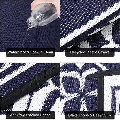 PureCozy Outdoor Plastic Straw Rug Navy Blue Large Outside Waterproof Outdoor Patio 10x14 Carpet Geometric Reversible Mat Modern for Camping RV Porch Deck Balcony Beach