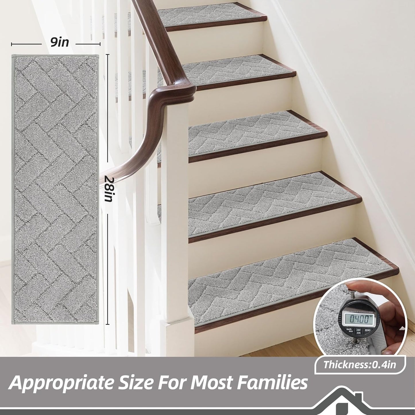 BEQHAUSE Non-Slip Carpet Stair Treads - Soft Indoor Stair Runners, 9" x 28", 15pcs, Grey, Machine Washable