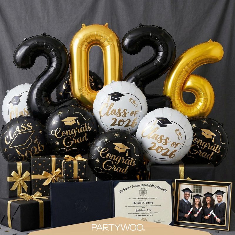 PartyWoo Graduation Balloons Class of 2026 Black White Gold 12pcs Balloons 40 Inch 2026 Foil Number Balloons 18 Inch Congrats Grad Mylar Balloons for Black White Graduation Decorations Party Supplies