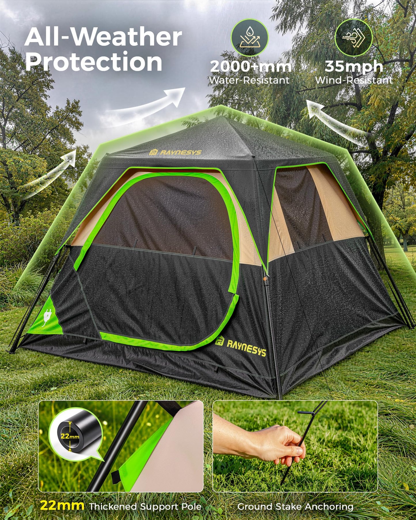 4 Person Instant Tent, Camping Tent Setup in 60 Seconds, Waterproof Pop Up Tents for Camping with Top Rainfly, Instant Cabin Tents with Portable Carry Bag for Family Camp & Hiking, Black + Brown