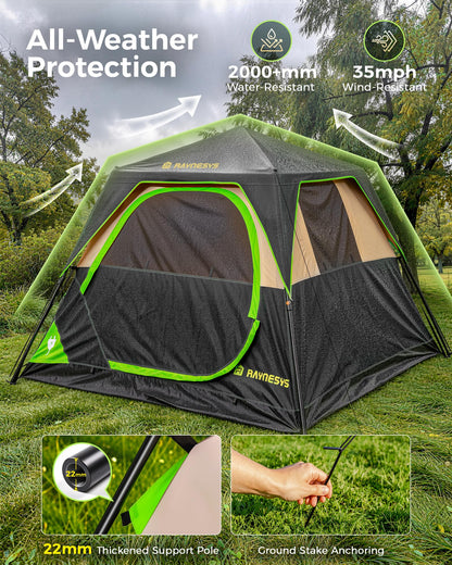 4 Person Instant Tent, Camping Tent Setup in 60 Seconds, Waterproof Pop Up Tents for Camping with Top Rainfly, Instant Cabin Tents with Portable Carry Bag for Family Camp & Hiking, Black + Brown