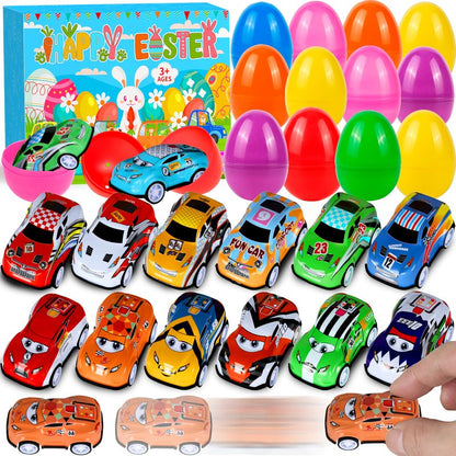 Seifar 48 Pack Prefilled Easter Eggs Filled with Pull Back Cars, Eggs with Racing Vehicle Inside, Easter Hunt Basket Stuffers Party Favors Classroom Prizes Gift for Kids Girls Boys
