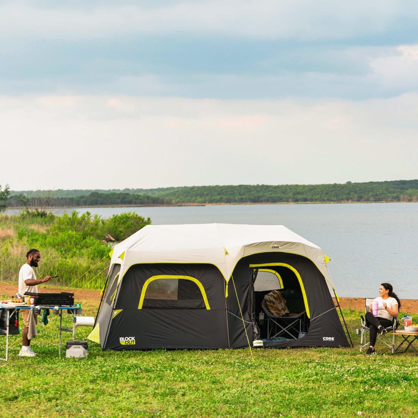CORE Blackout 9 Person Instant Cabin Tent | Large Multi Room Family Pop Up Dark Room Tent for 2 Minute Camp Setup | Included Storage Pockets for Camping Accessories