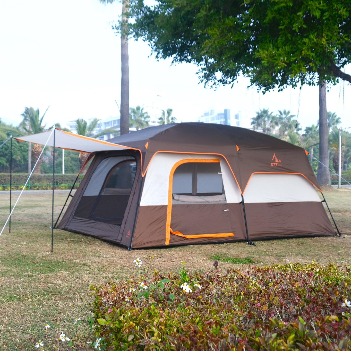 KTT Extra Large Tent 12 Person(A),Family Cabin Tents,2 Rooms,3 Doors and 3 Windows with Mesh,Straight Wall,Waterproof,Double Layer,Big Tent for Outdoor,Picnic,Camping,Family Gathering(Brown)