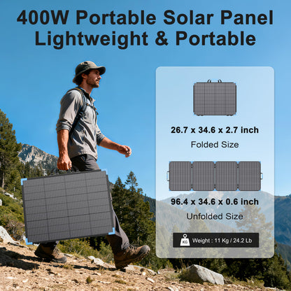 E-POWO 400W Bifacial Portable Solar Panel for Power Station, 23.5% High Efficiency ETFE Foldable Solar Charger for Camping Essentials,IP68 Waterproof 3 Reinforced Kickstands for RV Off-Grid Blackouts