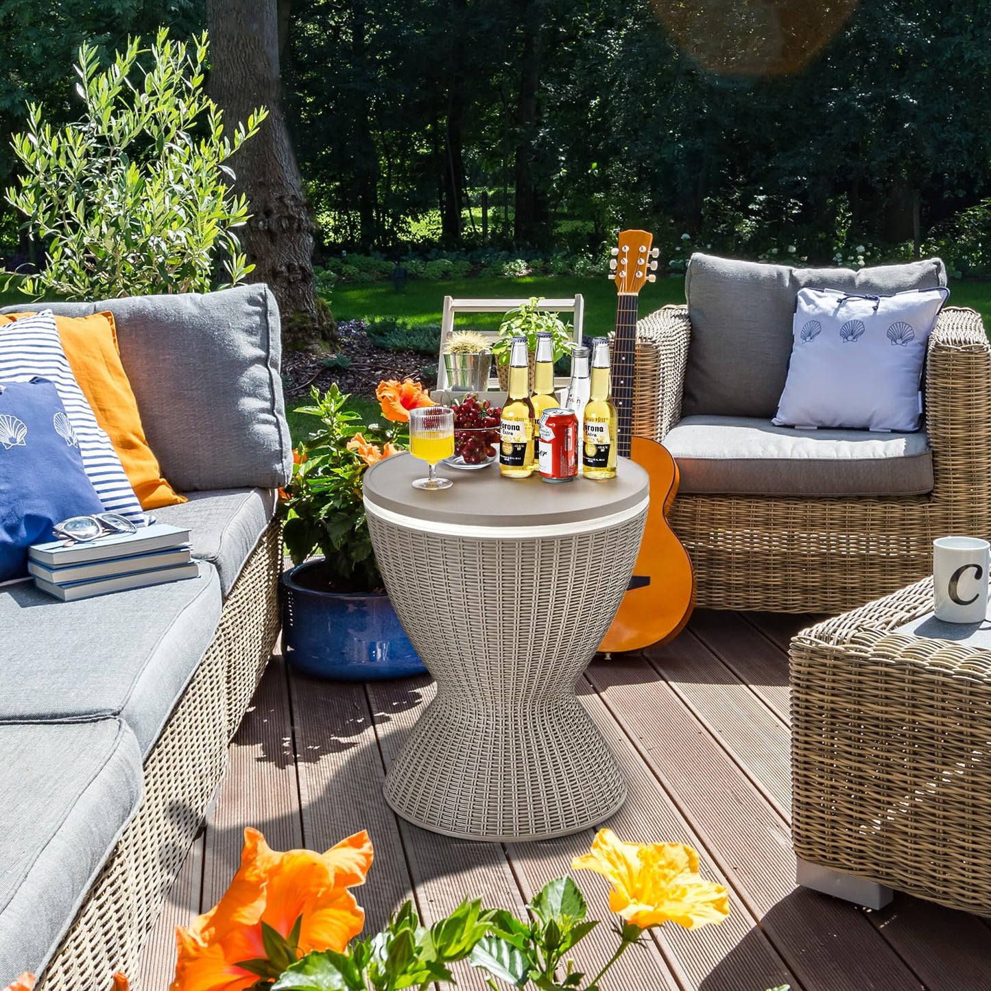 Byroce Outdoor Cooler Side Table, Patio Bar Table w/ 8 Gallon Beer & Wine Cooler, Rattan Style Pool Side & Hot Tub Table, All-Weather Cocktail Table for Parties, Backyard, Deck