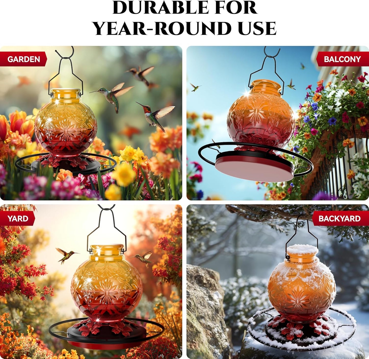 Skiennix Glass Hummingbird Feeder - 24Oz Leak-Proof Outdoor Nectar Feeder | Decorative Orange Garden Decor
