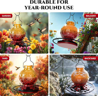 Skiennix Glass Hummingbird Feeder - 24Oz Leak-Proof Outdoor Nectar Feeder | Decorative Orange Garden Decor