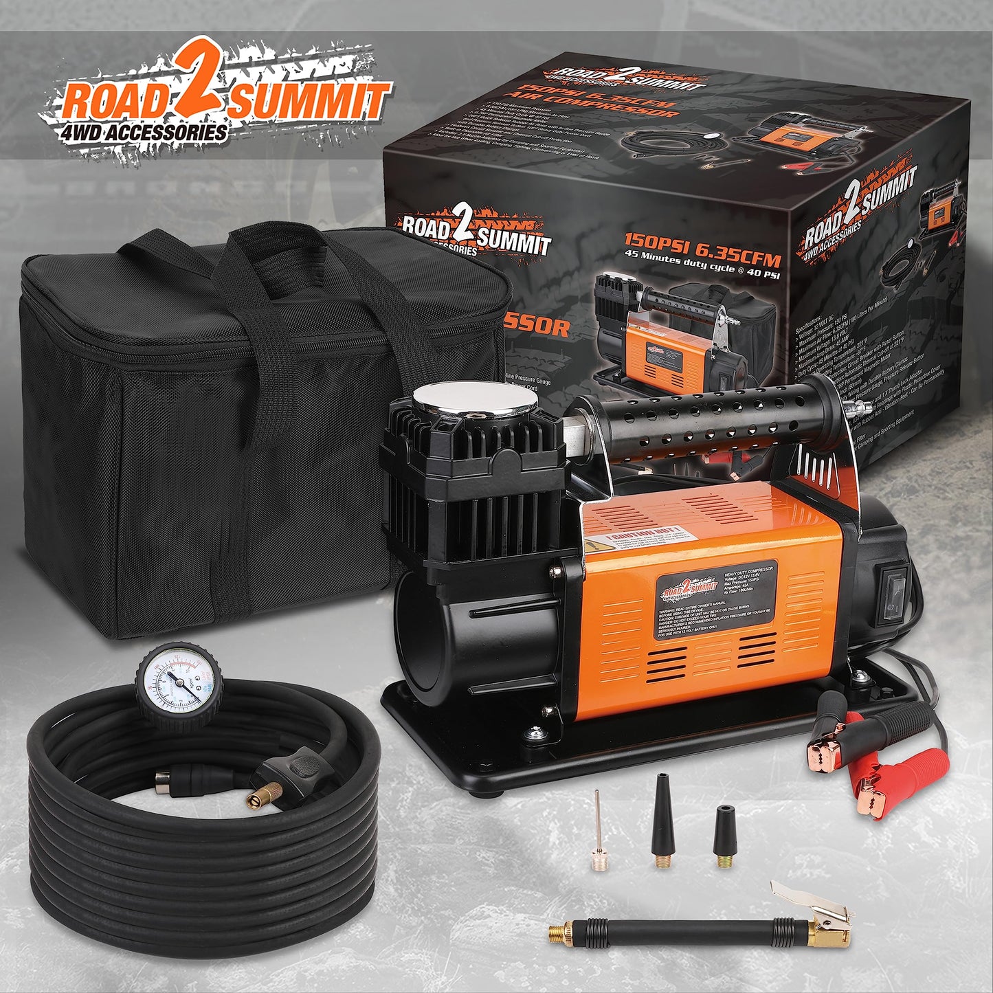 ROAD2SUMMIT Heavy Duty Portable 12V Air Compressor Kit Inflate 6.35CFM (180L/ Min), Max 150PSI, Off-Road Air Compressor Kit for 4x4 Vehicle RV, Air Pump for ATVS Tire, for Car and SUV Tire