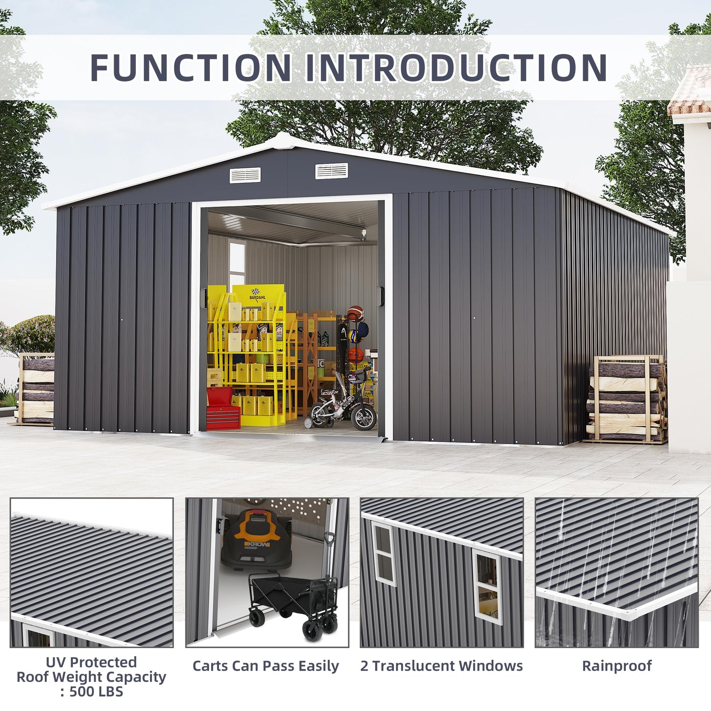 KEIKI 10' x 12' Metal Garden Storage Shed with Foundation Kit, Double Door Outdoor Tool Shed with 2 Windows, Color Steel Construction, Dark Gray