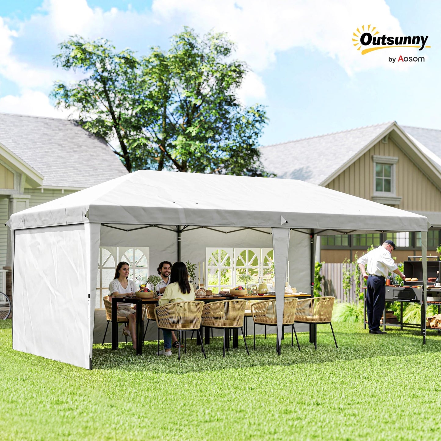 Outsunny 10' x 20' Pop Up Canopy Tent with 4 Sidewalls, Outdoor Portable Instant Canopy Shelter for Parties, Outdoor Instant Gazebo with Carry Bag for Garden, Patio, White