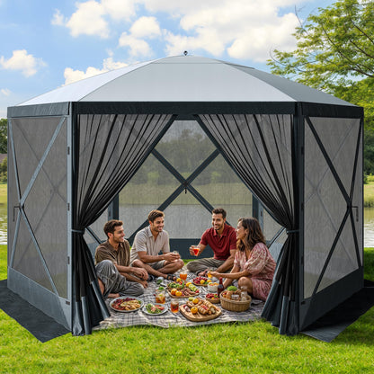 DWVO Gazebo Screen Tent, 11.5x11.5ft Instant Outdoor Portable Camping Screen House Canopy 6 Sided w/Mesh Windows & Carry Bag for Patio, Camping, Backyard, Grey