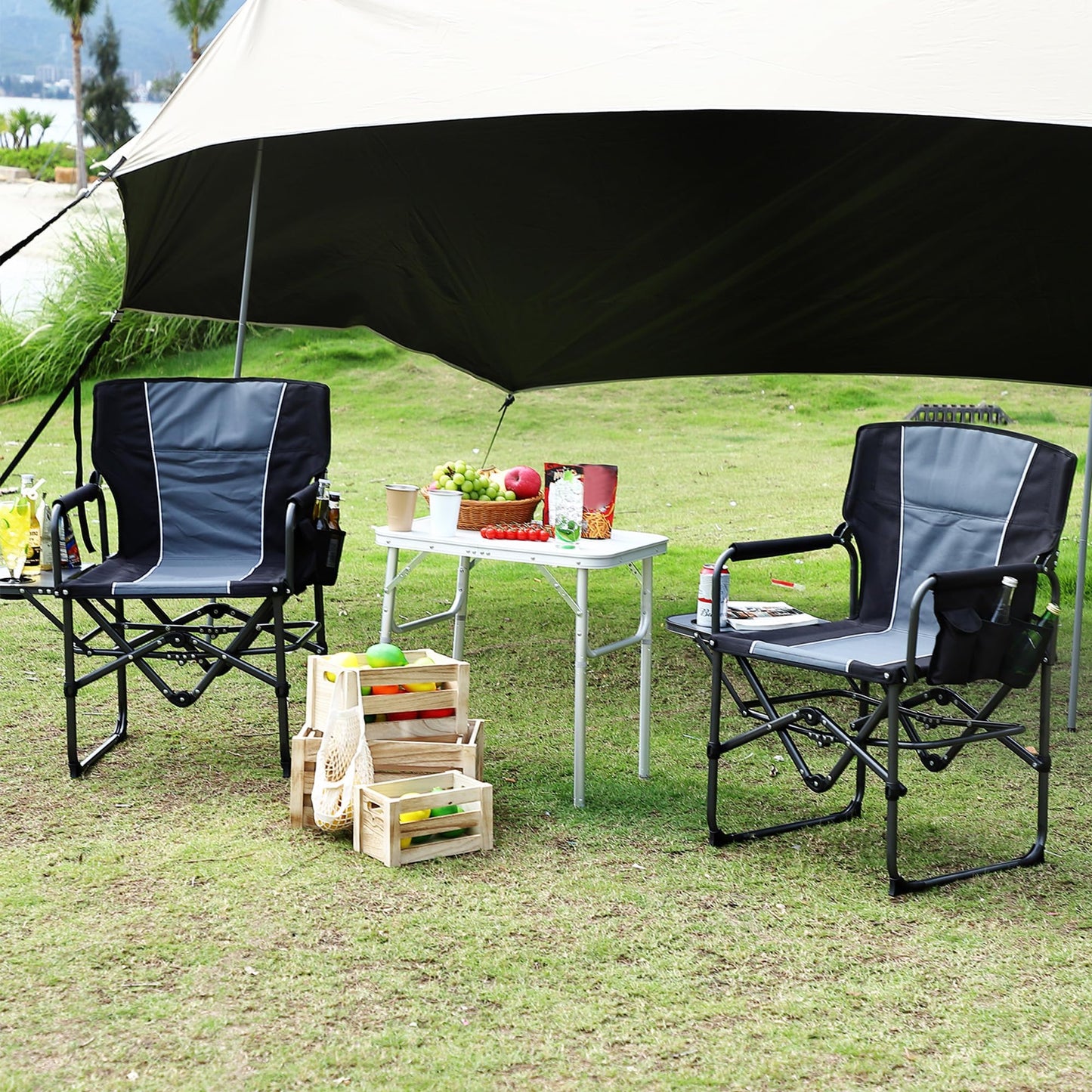 2 Pack Oversized Camping Directors Chair, Portable Folding Lawn Chairs for Adults with Side Table and Storage Pouch,Pocket for Beach, Fishing, Picnic,Concert,Tailgating, Heavy Duty Supports 330LBS