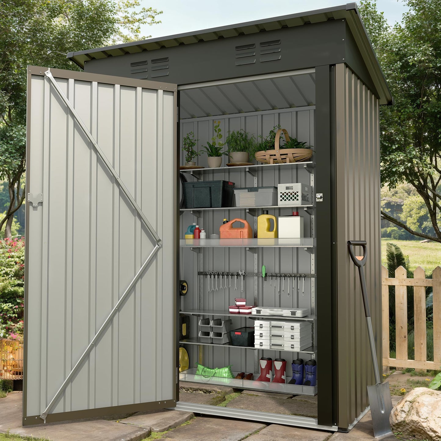 5x3Ft Outdoor Storage Shed, Metal Tool Shed with Lockable Door & Sloped Roof, Weatherproof, Compact Garden Storage Shed for Backyard, Patio, Lawn, or Tools & Equipment, Brown