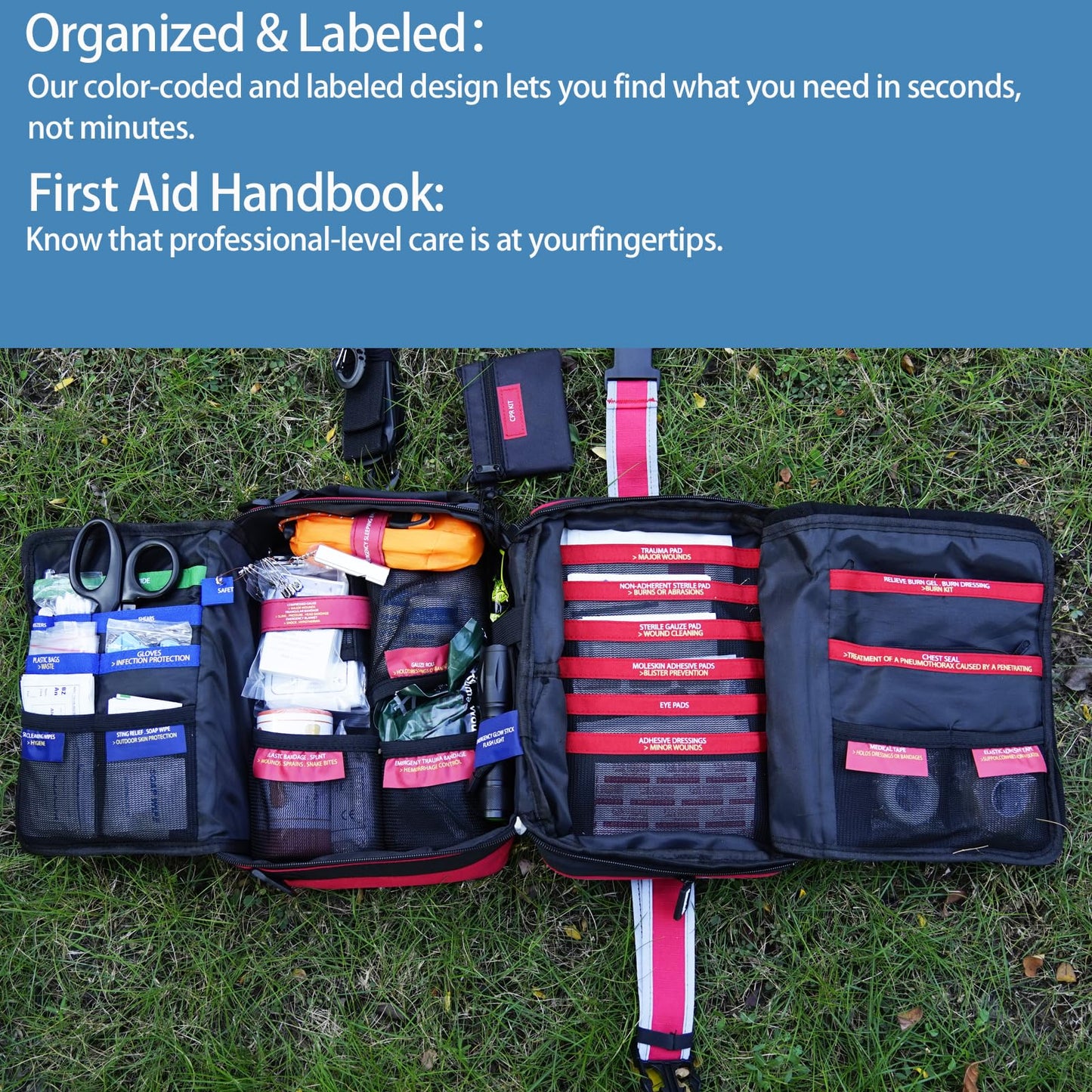 Besst Survivor 401 Piece First Aid Kit with Chest Seals -Labeled, Expandable & Mountable, Emergency Medical Kit for Home, Car, Camping & Outdoor, Waterproof Trauma Kits with Labeled Compartments