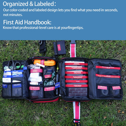 Besst Survivor 401 Piece First Aid Kit with Chest Seals -Labeled, Expandable & Mountable, Emergency Medical Kit for Home, Car, Camping & Outdoor, Waterproof Trauma Kits with Labeled Compartments