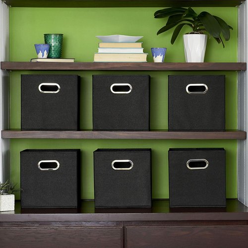 Household Essentials Foldable Fabric Storage Bins - 6-Piece Set, Sturdy Poly-Woven Fabric, Classic Black