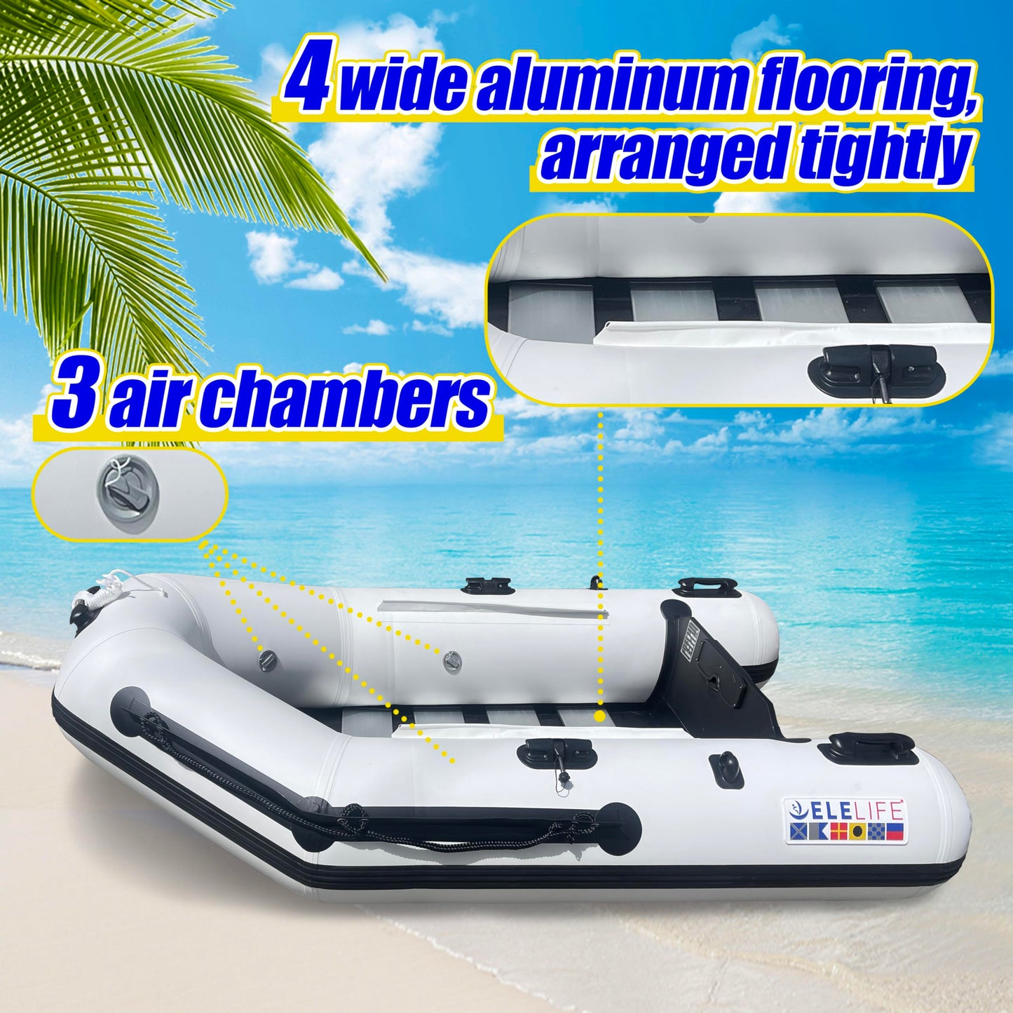 10FT Inflatable Boat,2-3Person Portable raft,2 Aluminum seat Board and 5 Aluminum Floor,3 Independent air Tubes,14 inch Large Float.No disassembly Required, Ultra Portable Design (7.5FT)