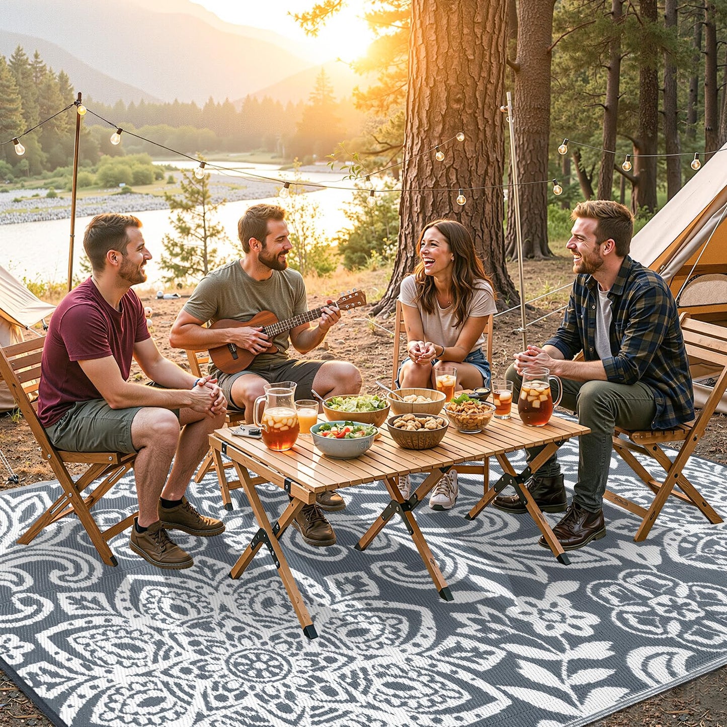 Findosom Waterproof Outdoor Rug 9' x 18' - Reversible Mandala Outdoor Plastic Straw Rug, Durable Foldable Patio Rug for RV, Deck, Balcony, Backyard, Picnic, Porch, Camping, Beach, Gray