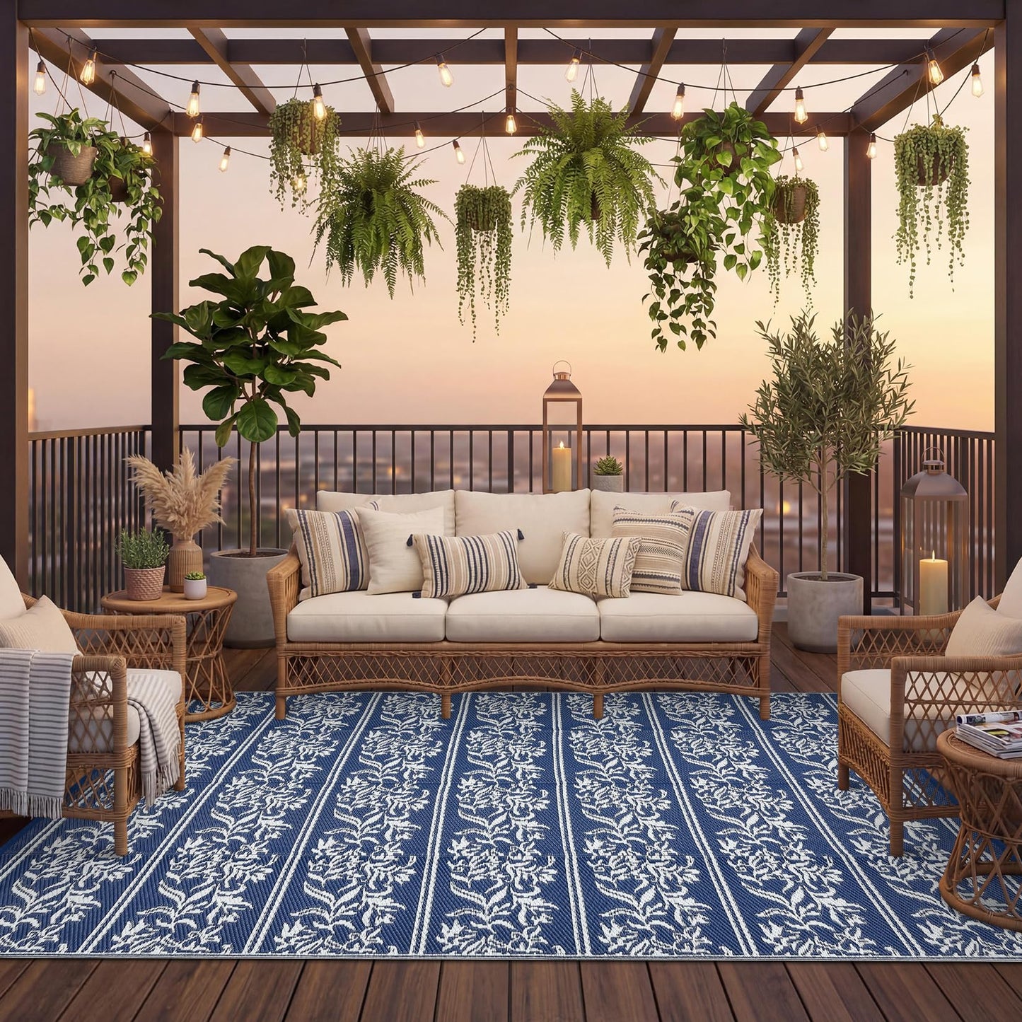GarveeHome Outdoor Rug 9x18 Waterproof for Patio, Reversible Outdoor Plastic Straw Rug, Wallpaper Flower Indoor Outdoor Mat Carpet for RV, Camping, Deck, Backyard, Picnic, NavyWhite
