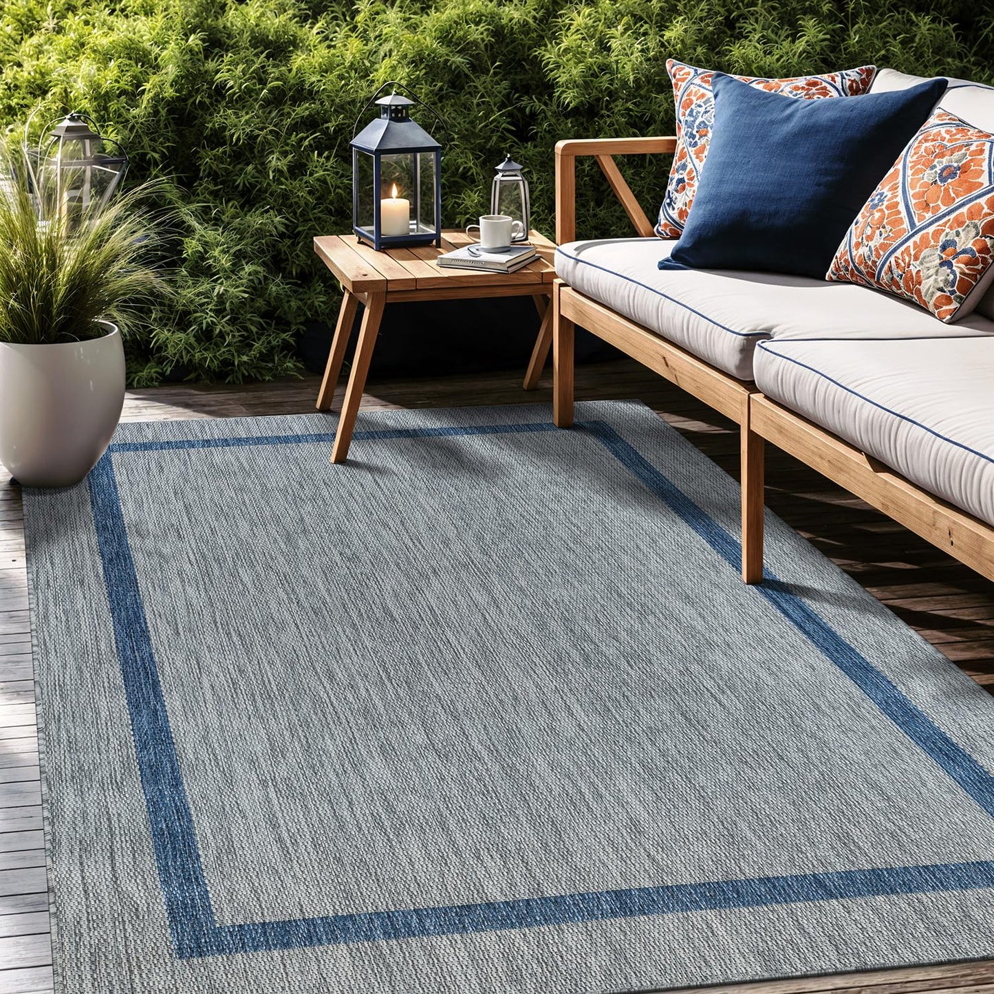 Luul Home Bordered Outdoor Rug 9x12 Washable Outside Carpet for Indoor Patio Porch Waterproof Easy Cleaning Non Shedding Area Rugs Silver Gray - Blue 9 x 12