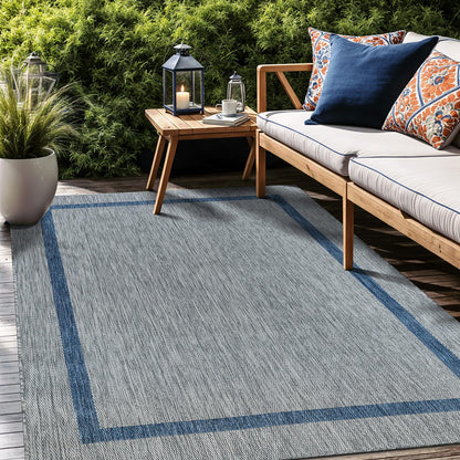Luul Home Bordered Outdoor Rug 9x12 Washable Outside Carpet for Indoor Patio Porch Waterproof Easy Cleaning Non Shedding Area Rugs Silver Gray - Blue 9 x 12