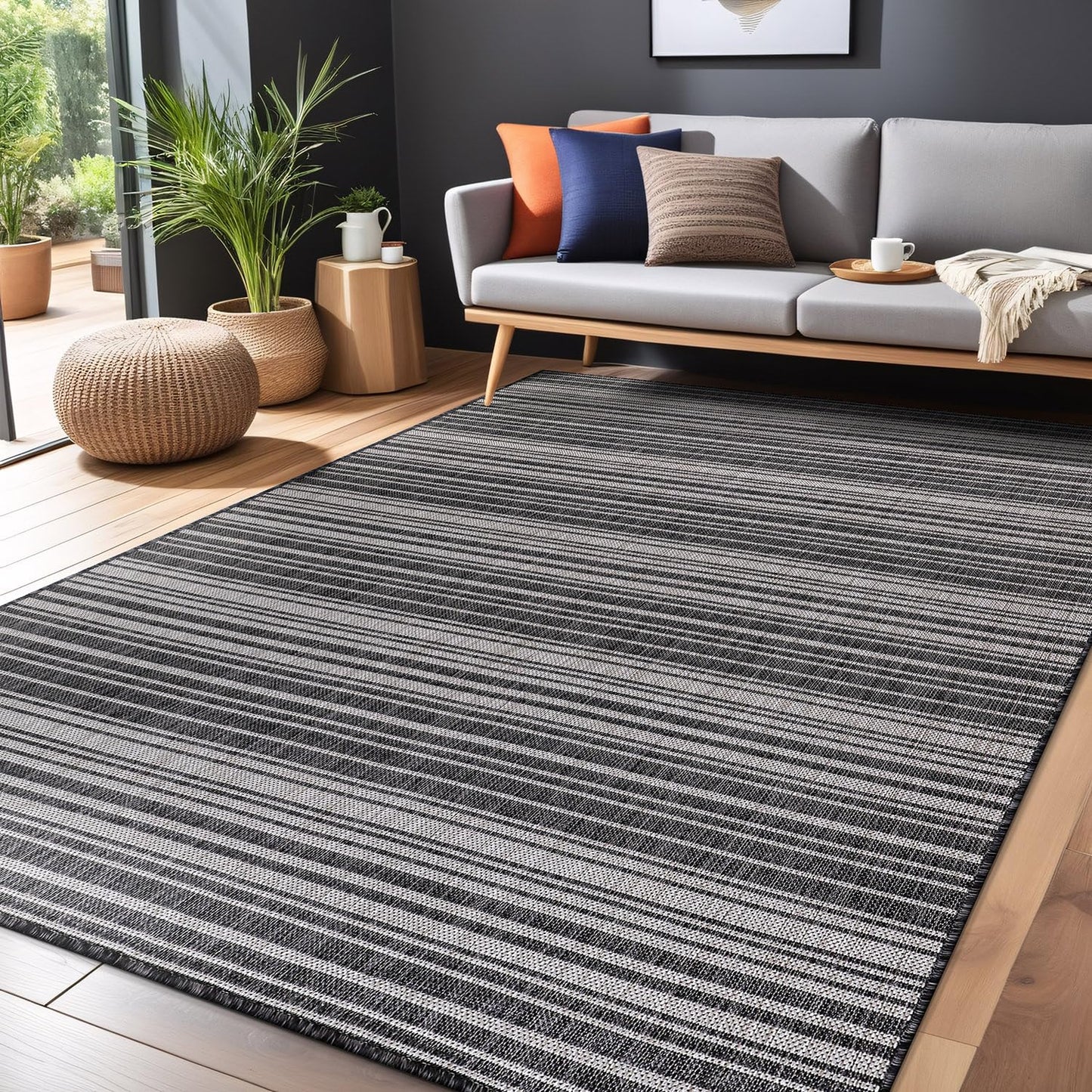 Luul Home Stripe Outdoor Rug 10x14 Washable Outside Carpet for Indoor Patio Porch Waterproof Easy Cleaning Non Shedding Area Rugs Dark Gray 10 x 14