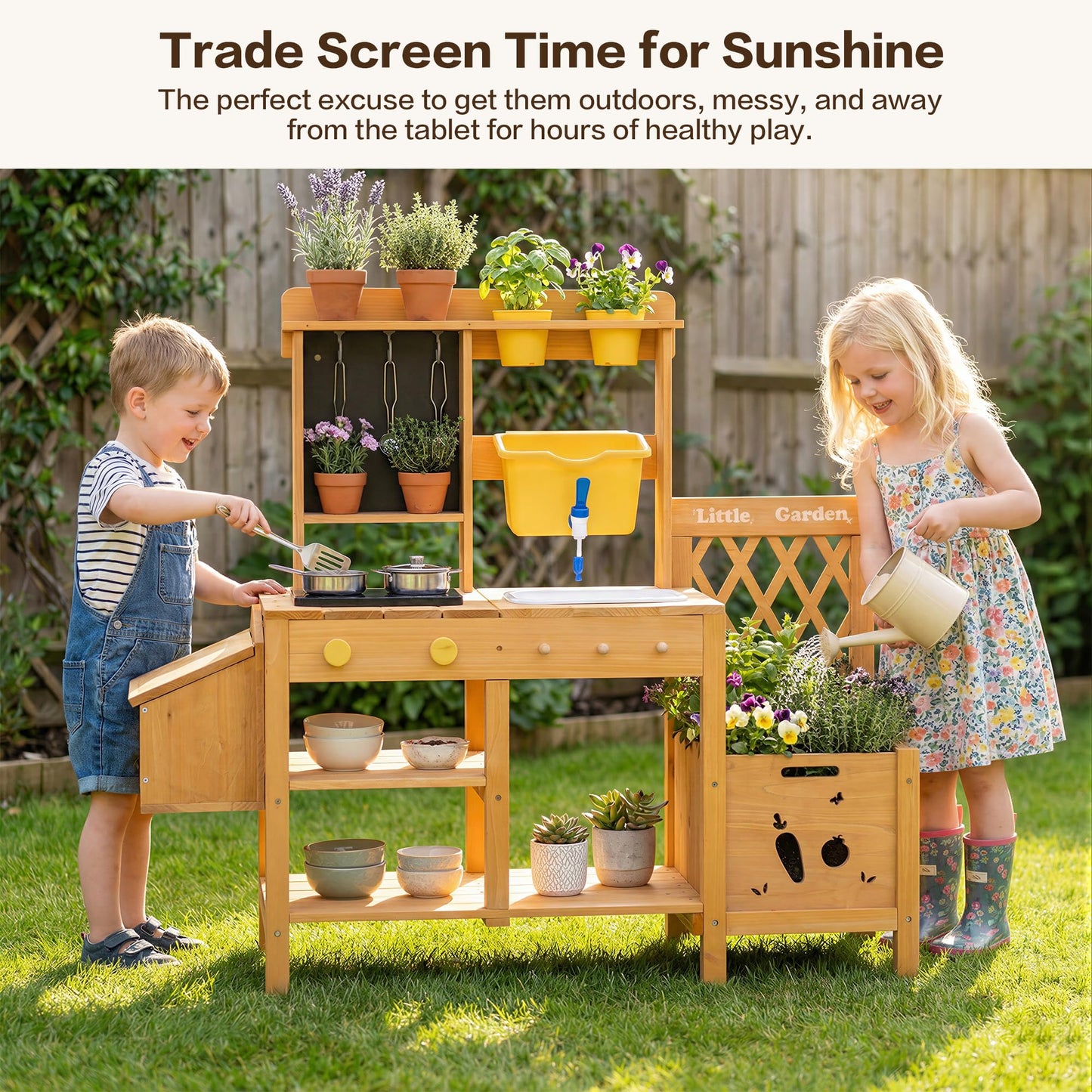 Wooden Mud Kitchen for Kids, Outdoor Play Kitchen with Real Running Water Sink, Mud Table, Gravity Water Tank, Planting Box, Critter Observation Box, 12-Pc Accessory Kit, Toddler Gift, Age 3+