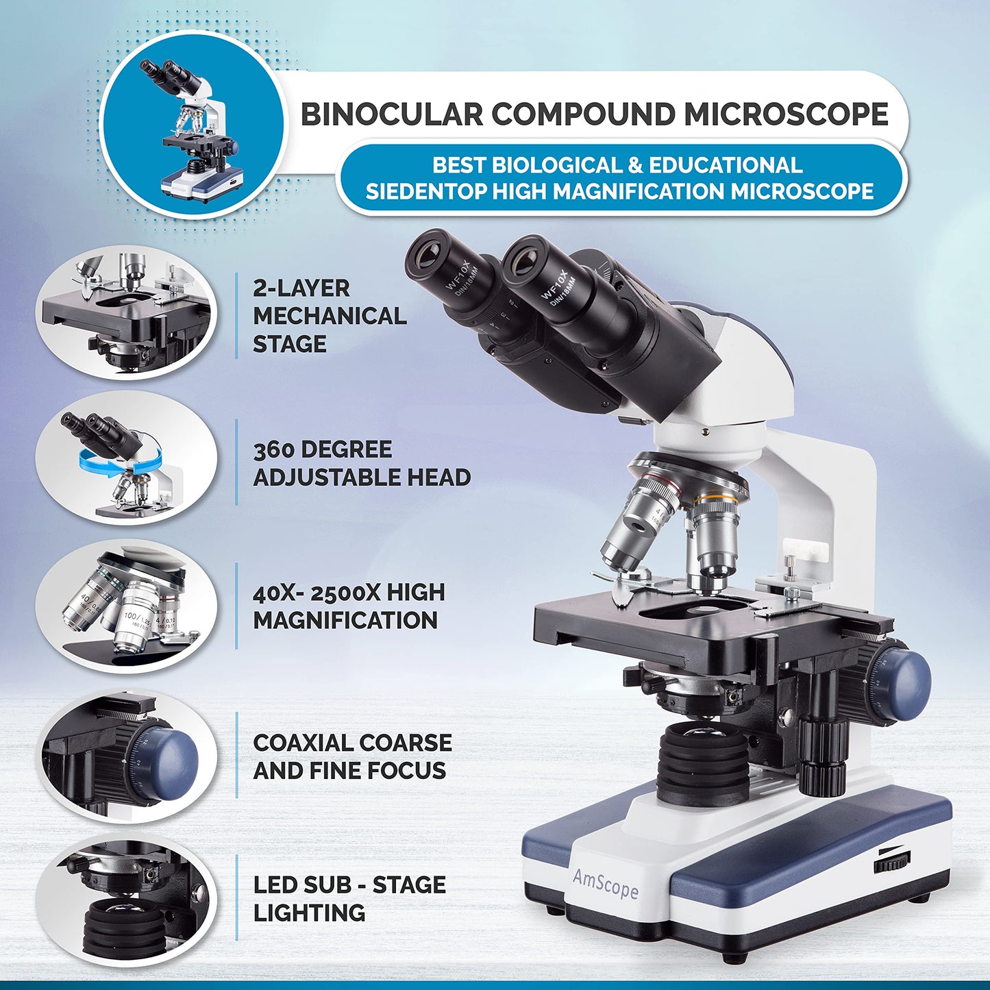 AmScope B120B-E1 Digital Siedentopf Binocular Compound Microscope, 40X-2000X Magnification, Brightfield, LED Illumination, Abbe Condenser, Double-Layer Mechanical Stage, Includes 1.3MP Camera and Software