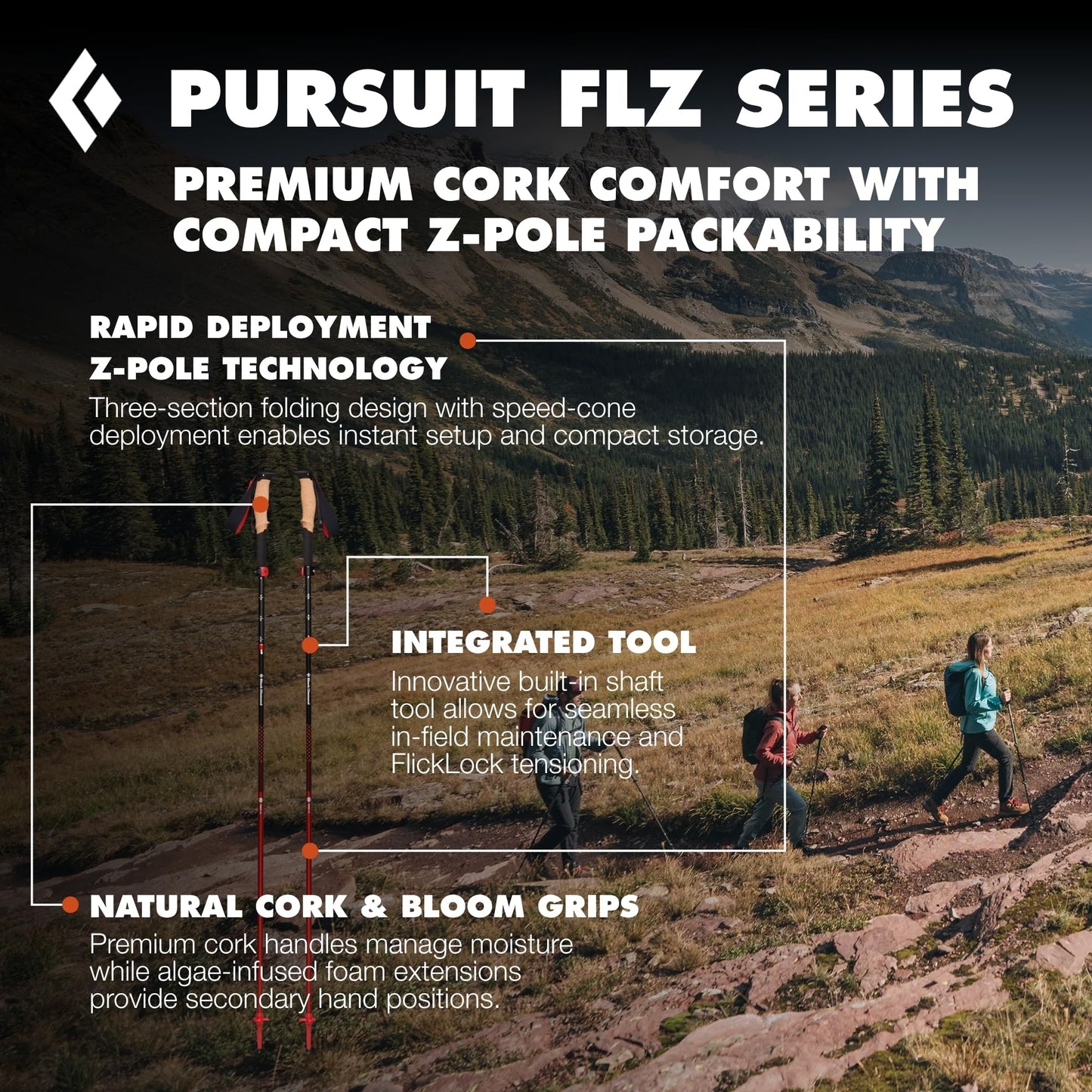 BLACK DIAMOND Pursuit FLZ Trekking Poles (Pair) | Adjustable Z-Pole Design | Natural Cork Grips | Lightweight Aluminum Hiking Poles | Black-Octane | Small/Medium