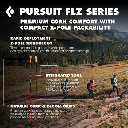 BLACK DIAMOND Pursuit FLZ Trekking Poles (Pair) | Adjustable Z-Pole Design | Natural Cork Grips | Lightweight Aluminum Hiking Poles | Black-Octane | Small/Medium