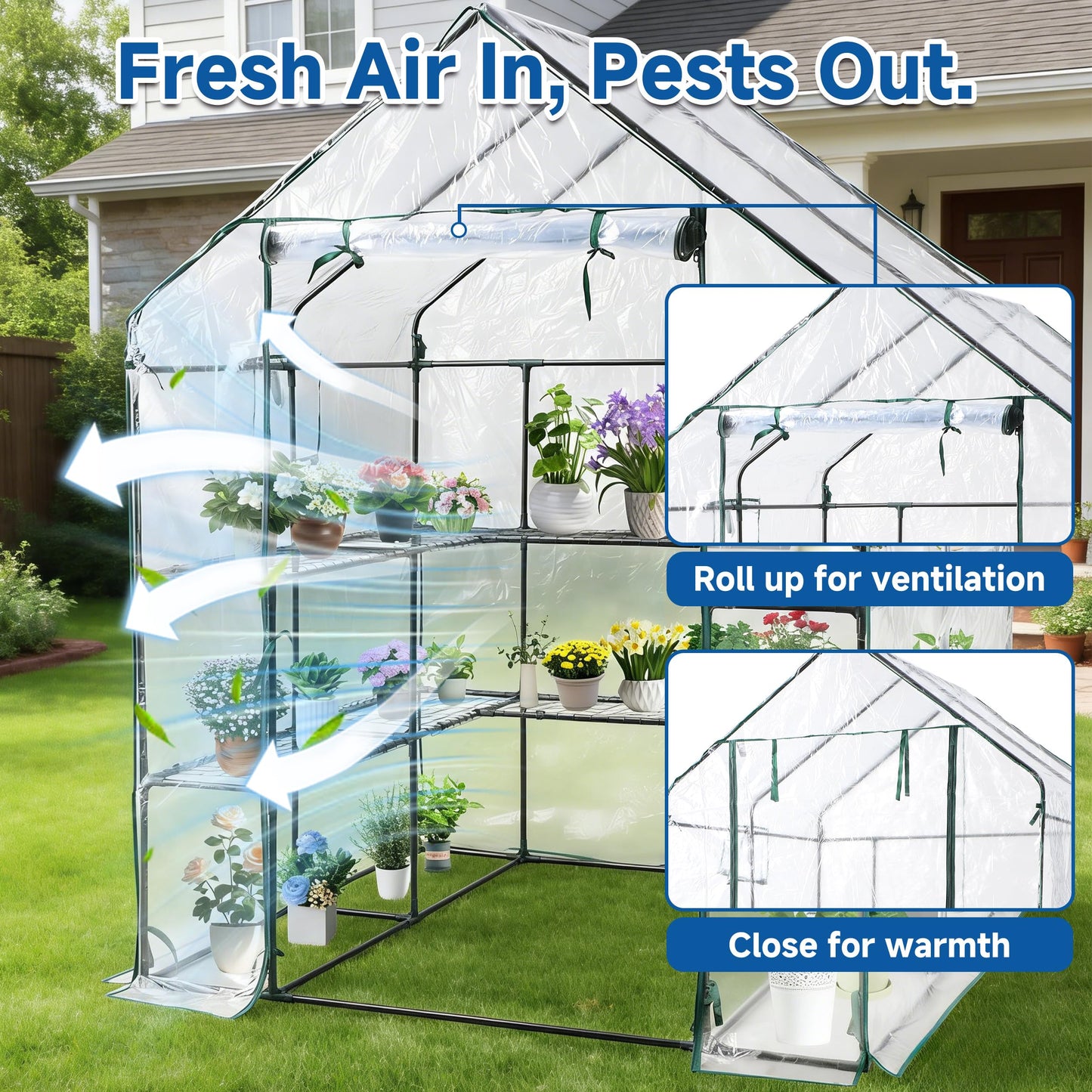 SUNGIFT Greenhouses for Outdoors, Upgraded PVC Cover Walk-in Greenhouse Kit 57x61x80 Inch, Zippered Windows Mesh Door, Plant Garden Hot House for Outside, Clear