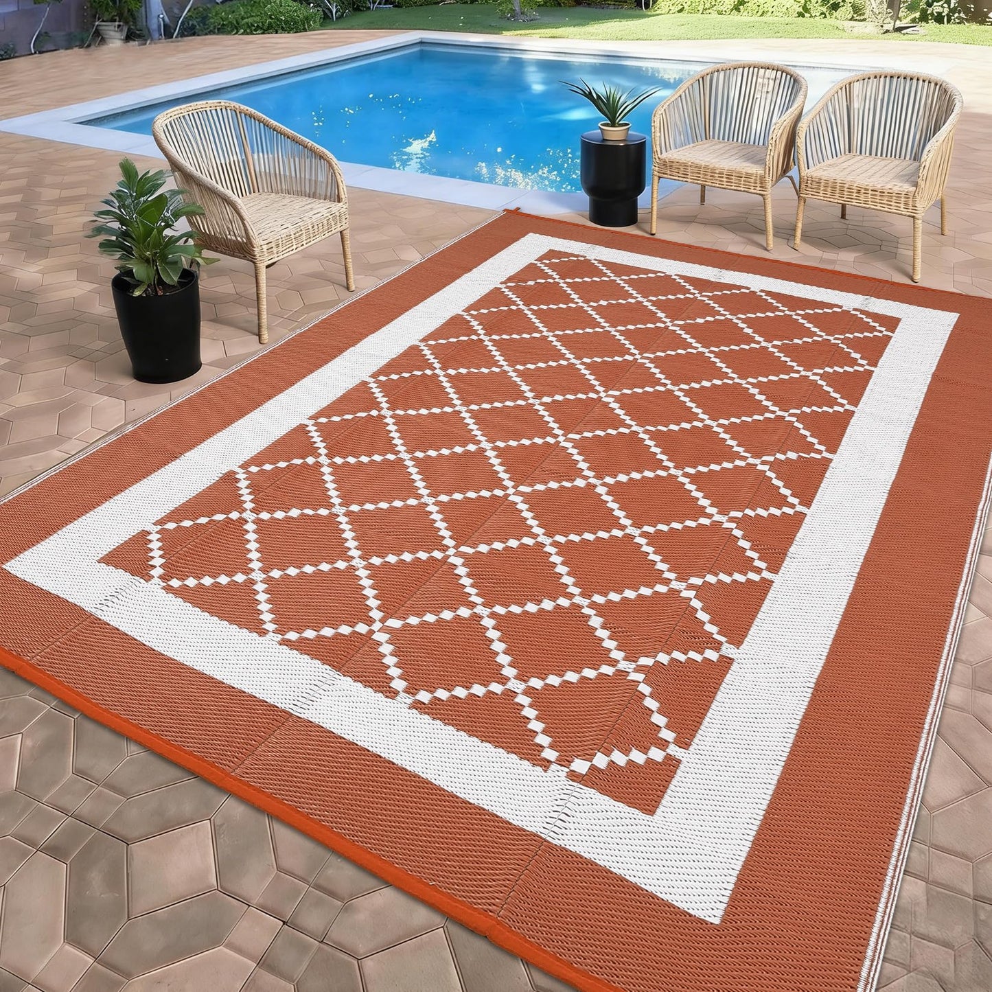 MilleLoom Patio Modern Geometric Outdoor Rug 10x14 Waterproof Large Reversible Camping Mat Foldable Lightweight Plastic Straw Outdoor Rug for Deck, Picnic, Porch, Camper, Balcony, Beach, Rv，Orange