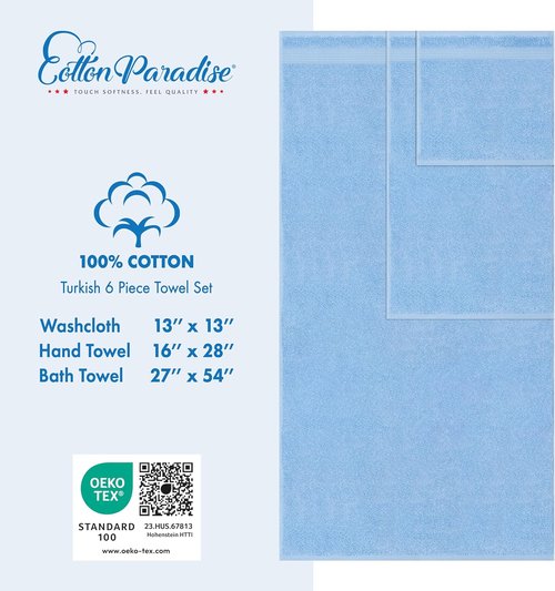 Cotton Paradise 6 Piece Towel Set - 100% Soft Absorbent Turkish Towels in Sky Blue | 2 Bath, 2 Hand, 2 Washcloths