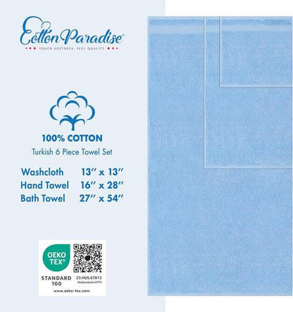 Cotton Paradise 6 Piece Towel Set - 100% Soft Absorbent Turkish Towels in Sky Blue | 2 Bath, 2 Hand, 2 Washcloths