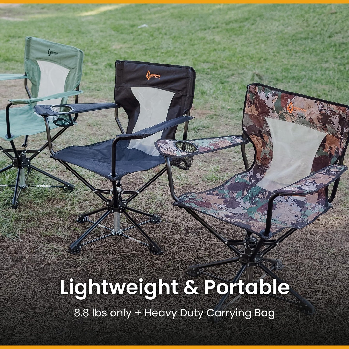 ARROWHEAD OUTDOOR 2-Pack 360° Swivel Hunting Chair Stool Seat, Perfect for Blinds, No Sink Feet, Supports up to 450lbs, Carrying Case, Steel Frame, 600D Canvas
