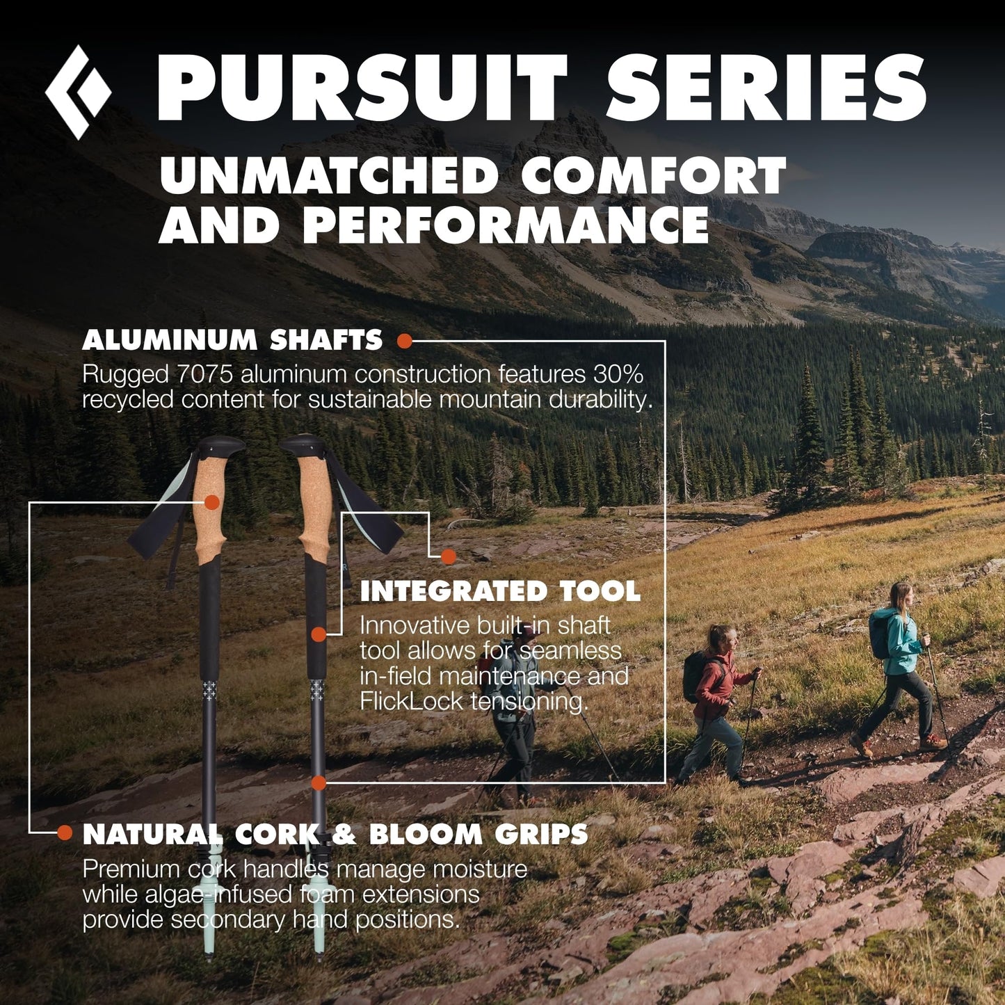 BLACK DIAMOND Pursuit Trekking Poles (Pair) | Natural Cork Grips | FlickLock Adjustable Aluminum Shafts | for Hiking & Backpacking | Charcoal-Foam Green | Medium/Large