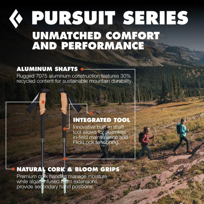 BLACK DIAMOND Pursuit Trekking Poles (Pair) | Natural Cork Grips | FlickLock Adjustable Aluminum Shafts | for Hiking & Backpacking | Charcoal-Foam Green | Medium/Large